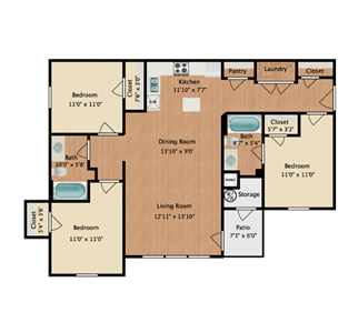 Three Bedroom / Two Bath - 1111 Sq.Ft.*
